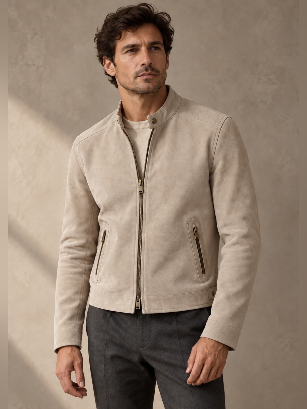 Massimo Dutti Beige Suede Jacket Men’s Medium (Goat Leather)